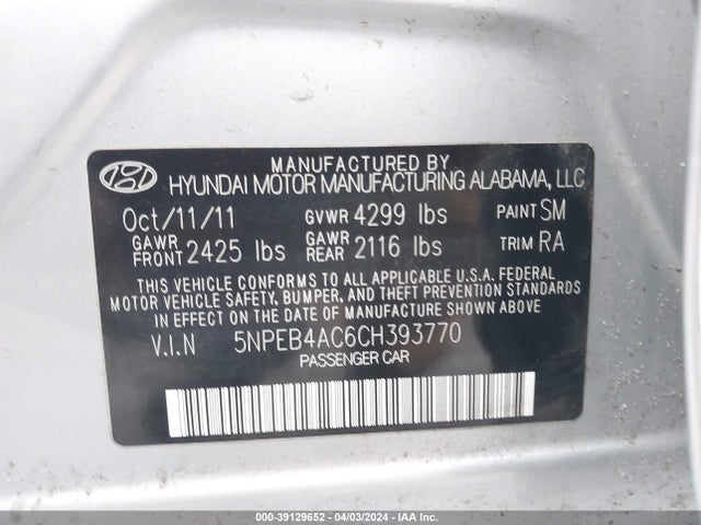 Продаж на аукціоні авто 2012 Hyundai Sonata Gls, vin: 5NPEB4AC6CH393770, номер лоту: 39129652