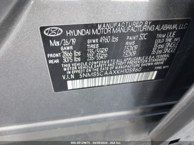 Hyundai Santa Fe Limited 2.0t 2019 5NMS5CAAXKH105960 Image 9