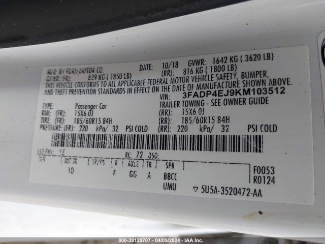 Ford FIESTA SE 2019 3FADP4EJ9KM103512 Image 9