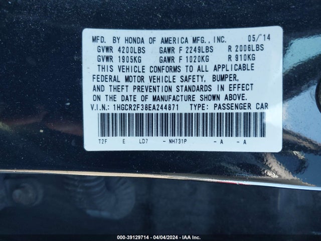 Honda ACCORD LX 2014 1HGCR2F38EA244871 Image 9