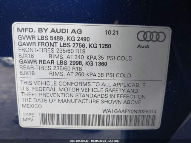 WA1GAAFY0N2028014 Audi Q5 Premium 45 Tfsi S Line Quattro S Tronic