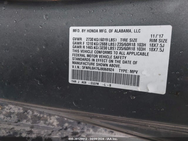 Honda Odyssey Ex-l 2018 5FNRL6H76JB068924 Image 9