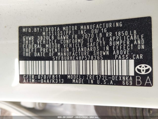 Toyota COROLLA LE 2017 5YFBURHE4HP578265 Image 9