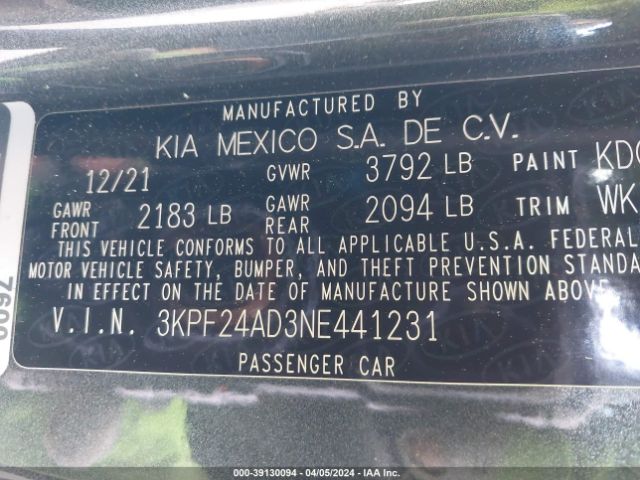 3KPF24AD3NE441231 KIA FORTE FE