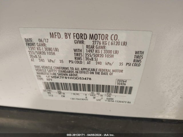 Ford Explorer Limited 2017 1FM5K7F81HGD53478 Image 9