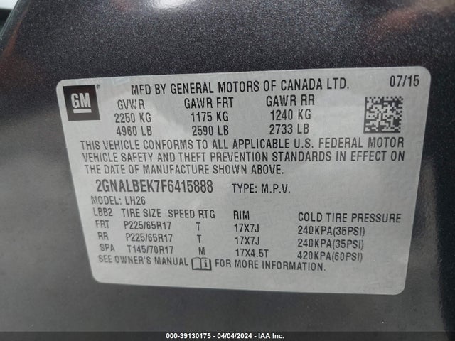 Chevrolet EQUINOX 1LT 2015 2GNALBEK7F6415888 Image 9