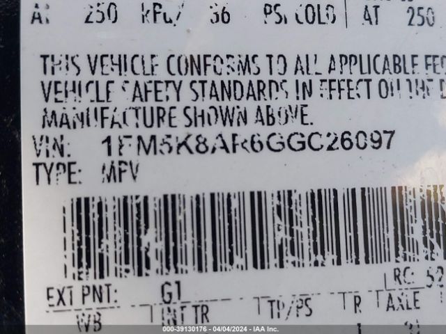 1FM5K8AR6GGC26097 Ford Utility Police Interceptor