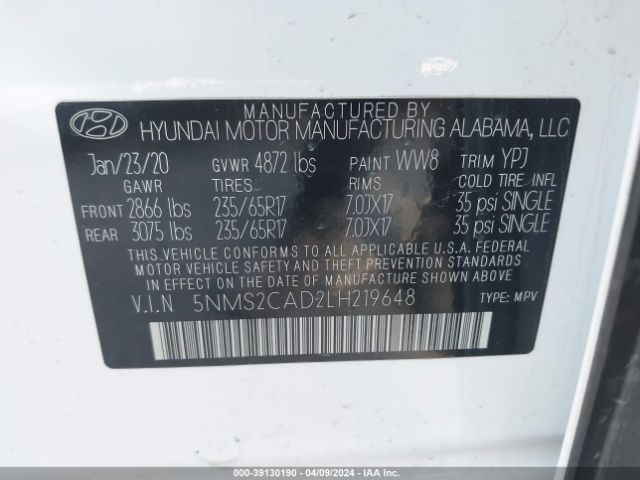 5NMS2CAD2LH219648 Hyundai Santa Fe Se