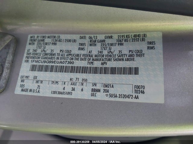 Ford ESCAPE SE 2014 1FMCU9G99EUA07390 Image 9