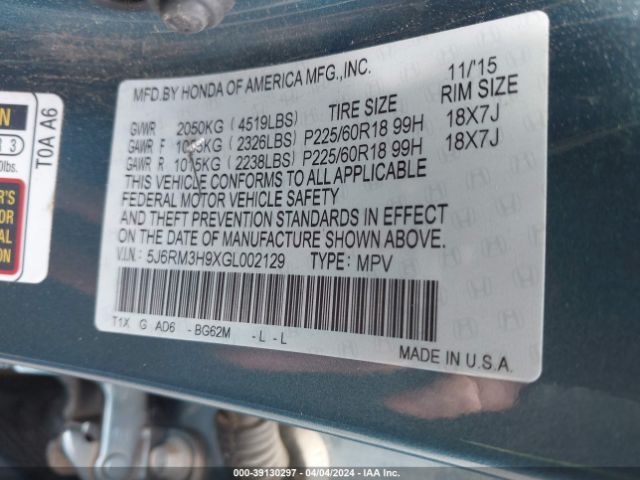 5J6RM3H9XGL002129 Honda Cr-v Touring