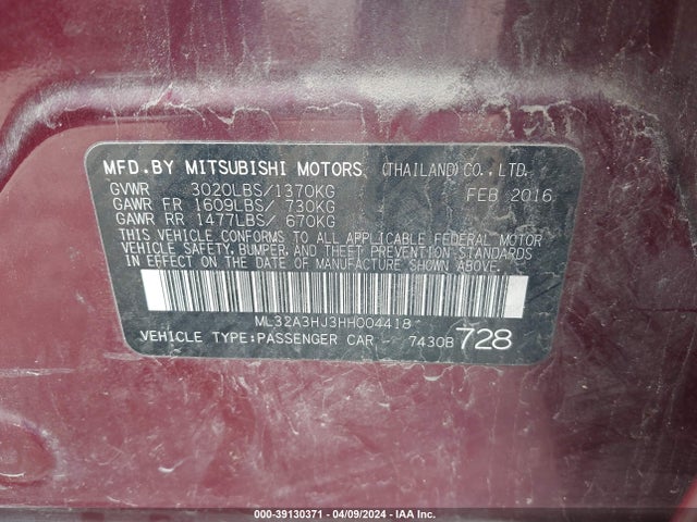 ML32A3HJ3HH004418 Mitsubishi MIRAGE ES