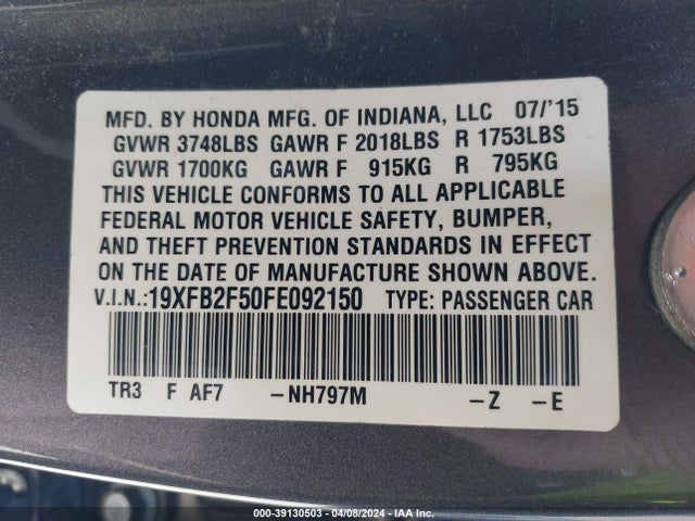 Honda Civic Lx 2015 19XFB2F50FE092150 Image 9