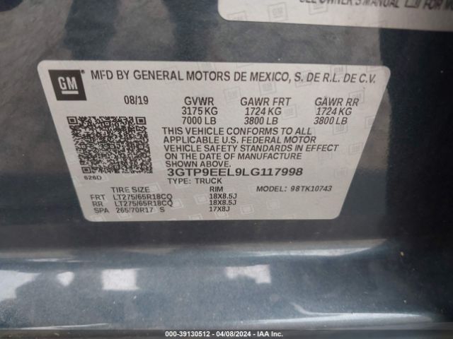 3GTP9EEL9LG117998 GMC Sierra 1500 4wd  Standard Box At4
