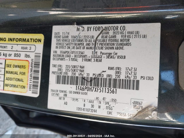 Ford FUSION SE 2015 1FA6P0H7XF5113561 Image 9