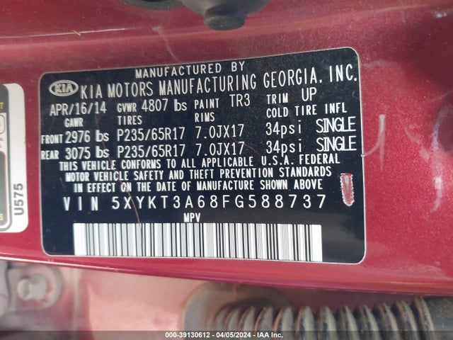 KIA SORENTO LX 2015 5XYKT3A68FG588737 Image 9