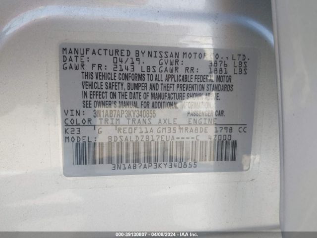 3N1AB7AP3KY340855 Nissan SENTRA SV