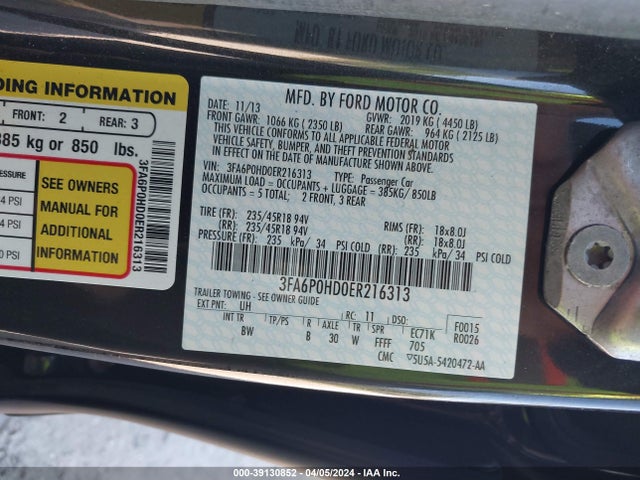 39130852 :رقم المزاد ، 3FA6P0HD0ER216313 vin ، 2014 Ford Fusion Se مزاد بيع