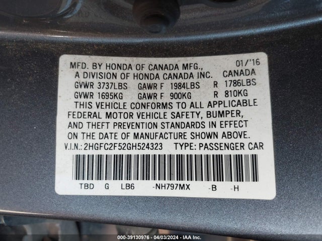 Honda Civic Lx 2016 2HGFC2F52GH524323 Image 9