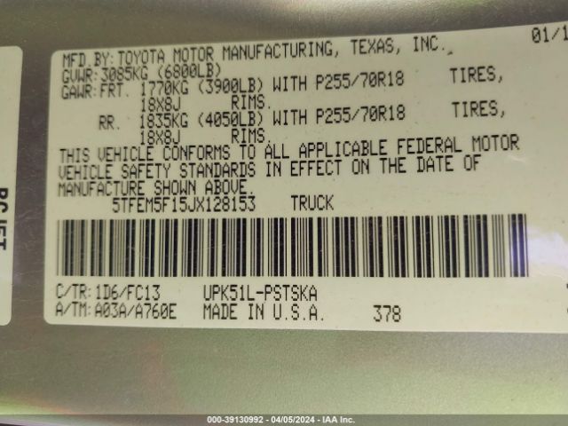 5TFEM5F15JX128153 Toyota Tundra Sr5 4.6l V8