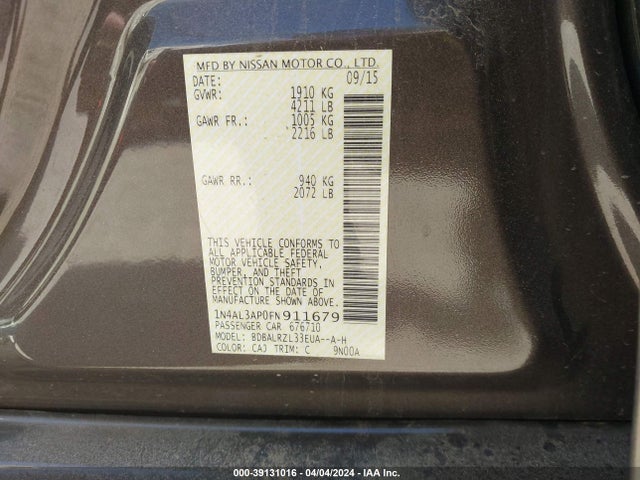 Nissan Altima 2.5 Sl 2015 1N4AL3AP0FN911679 Image 9