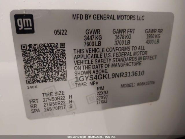 1GYS4GKL9NR313610 Cadillac Escalade 4wd Sport Platinum
