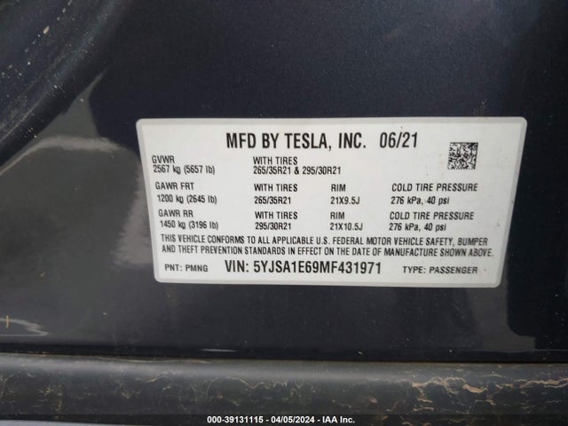 Tesla Model S Plaid Tri Motor All-wheel Drive 2021 5YJSA1E69MF431971 Image 9