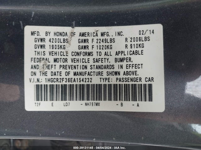 Honda ACCORD LX 2014 1HGCR2F36EA154232 Image 9