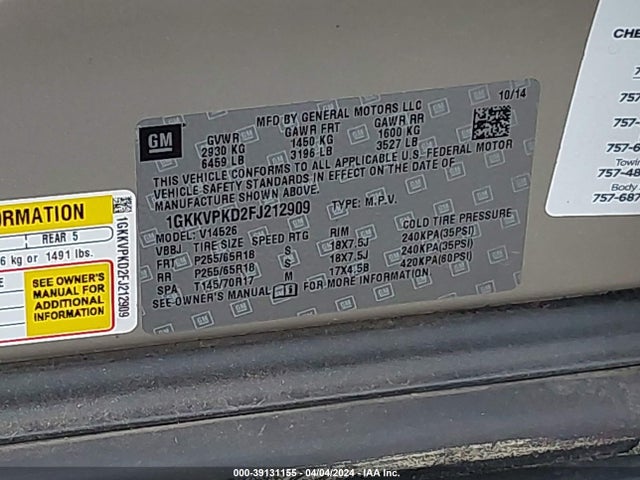1GKKVPKD2FJ212909 GMC Acadia Sle-2