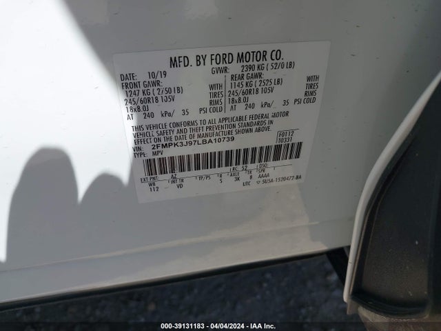 Ford EDGE SEL 2020 2FMPK3J97LBA10739 Image 9