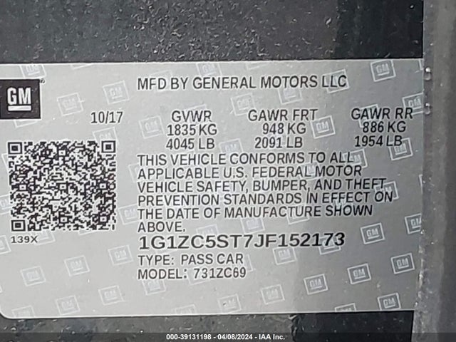 Chevrolet Malibu 1fl 2018 1G1ZC5ST7JF152173 Image 9