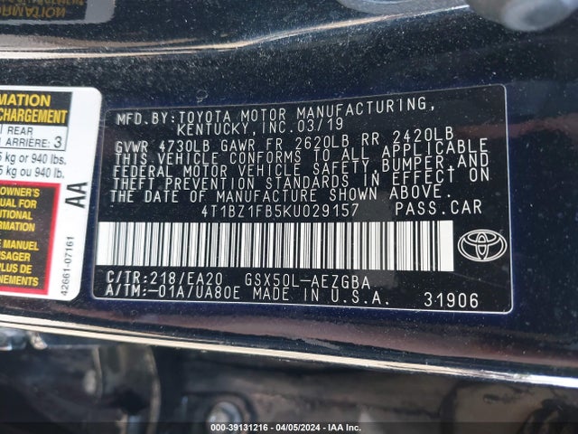 Toyota AVALON XLE 2019 4T1BZ1FB5KU029157 Image 9