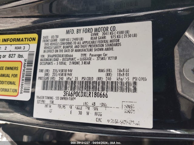 Ford FUSION SEL 2020 3FA6P0CDXLR180666 Image 9