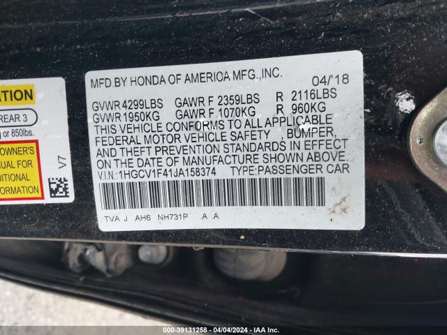 Honda ACCORD EX 2018 1HGCV1F41JA158374 Image 9