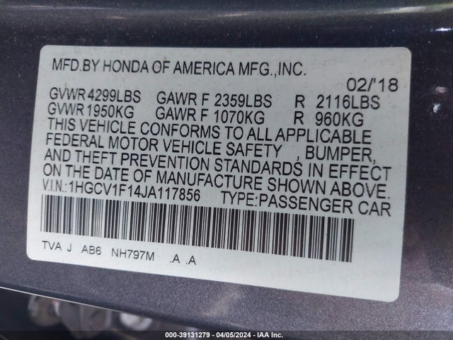 Honda ACCORD LX 2018 1HGCV1F14JA117856 Image 9