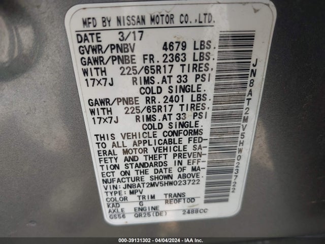 Nissan ROGUE SV 2017 JN8AT2MV5HW023722 Image 9