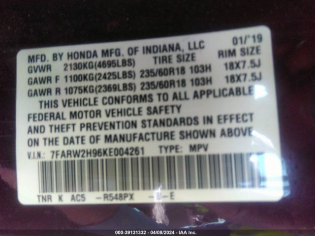 7FARW2H96KE004261 Honda Cr-v Touring