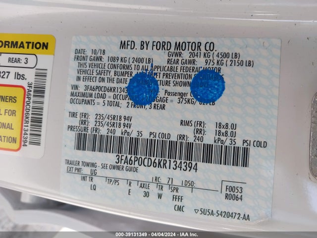 Ford FUSION SEL 2019 3FA6P0CD6KR134394 Image 9