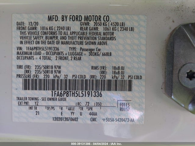 Ford Mustang Ecoboost Fastback 2020 1FA6P8TH5L5191336 Image 9