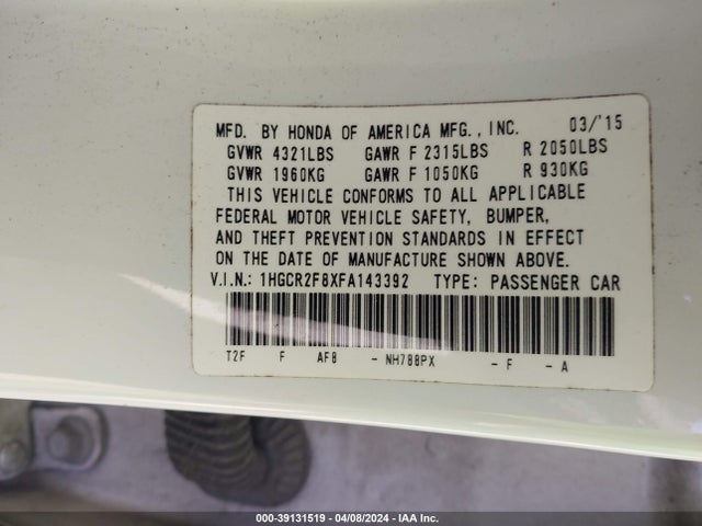 Honda Accord Ex-l 2015 1HGCR2F8XFA143392 Image 9