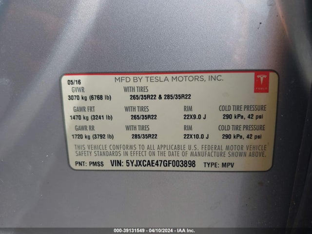 Tesla Model X 60d/p100d/p90d 2016 5YJXCAE47GF003898 Image 9