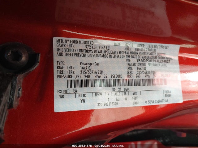Ford FOCUS SE 2018 1FADP3K21JL274827 Image 9