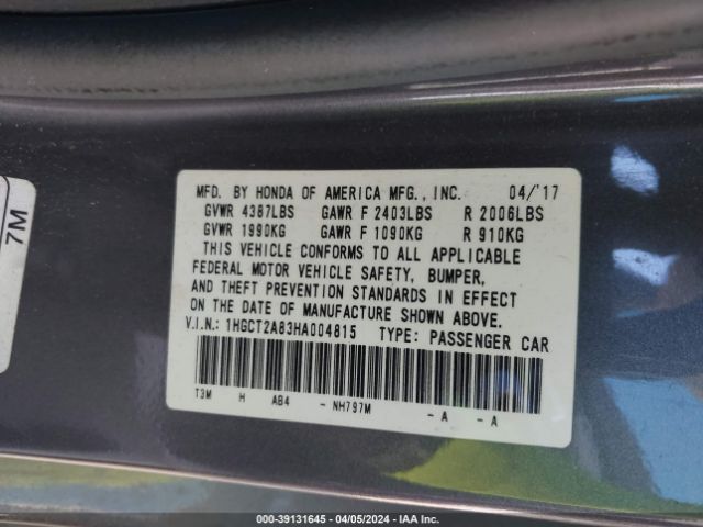 1HGCT2A83HA004815 Honda Accord Ex-l V6