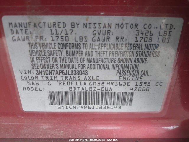 Nissan Versa 1.6 Sv 2018 3N1CN7AP6JL838043 Image 9