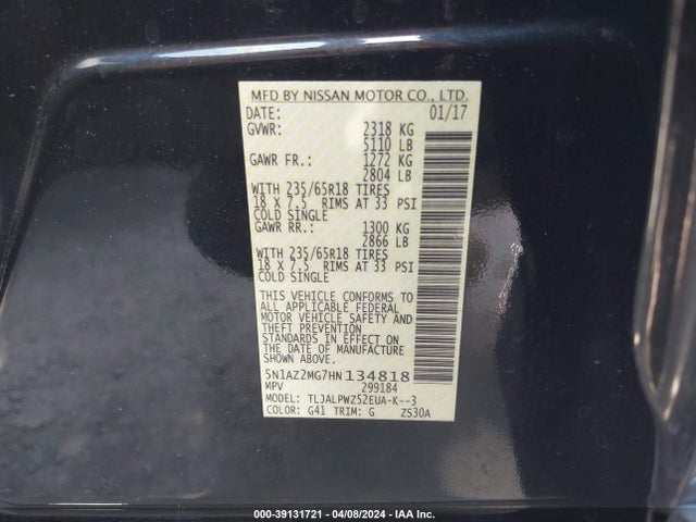 Nissan MURANO S 2017 5N1AZ2MG7HN134818 Image 9