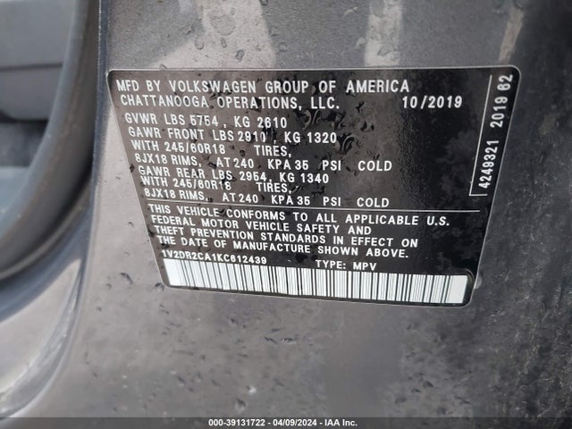 1V2DR2CA1KC612439 Volkswagen Atlas 3.6l V6 Se