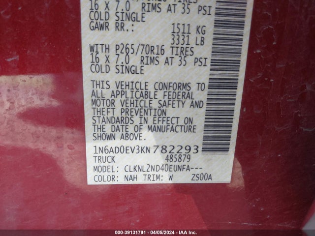Nissan Frontier Sv 2019 1N6AD0EV3KN782293 Image 9