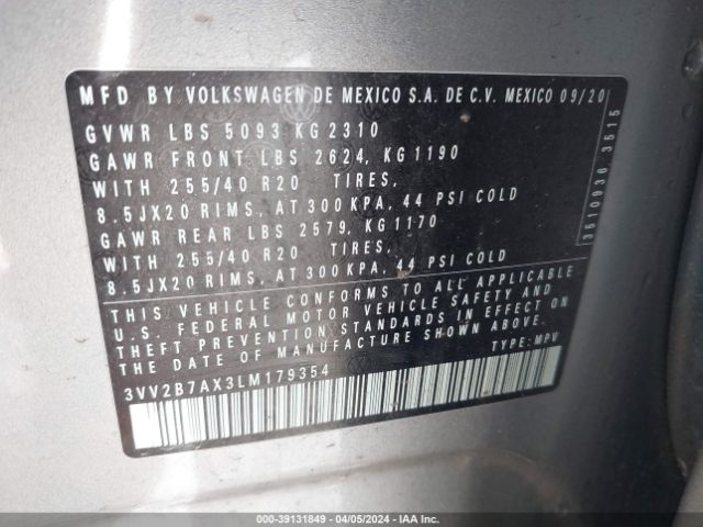 3VV2B7AX3LM179354 Volkswagen Tiguan 2.0t Se/2.0t Se R-line Black/2.0t Sel