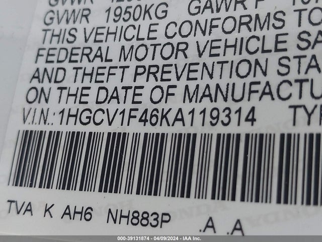 Honda ACCORD EX 2019 1HGCV1F46KA119314 Image 9