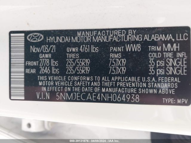 5NMJECAE4NH064938 Hyundai Tucson Limited