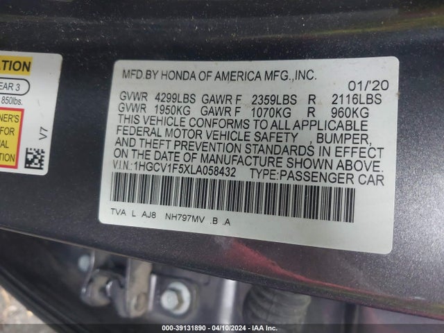 Honda Accord Ex-l 2020 1HGCV1F5XLA058432 Image 9
